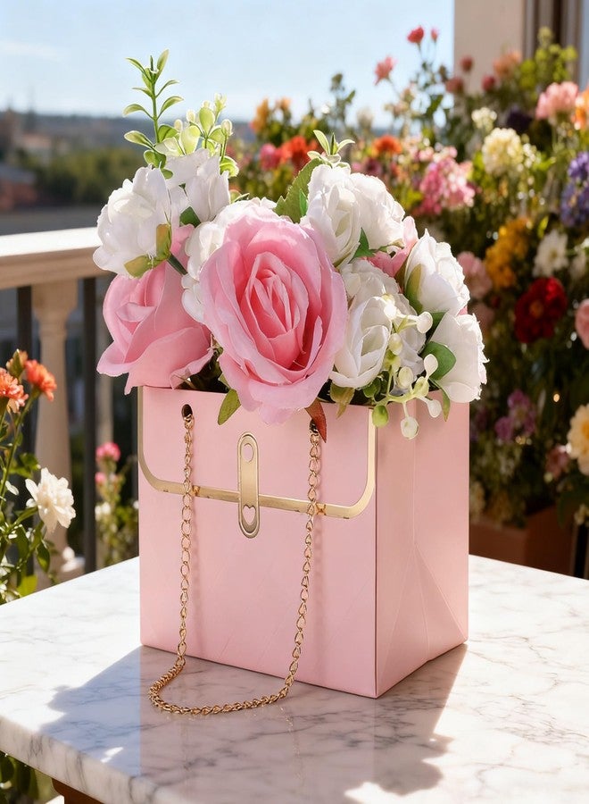 Gtziqa 4 Pcs Flower Paper Gift Box Bouquet Storage Bucket, Flower Boxes Wedding Florist Handbag with Metal Chain, Floral Craft Wrap Bag for Arrangements Valentine's Day Birthday Mother's Day (Pink White) - Image 5
